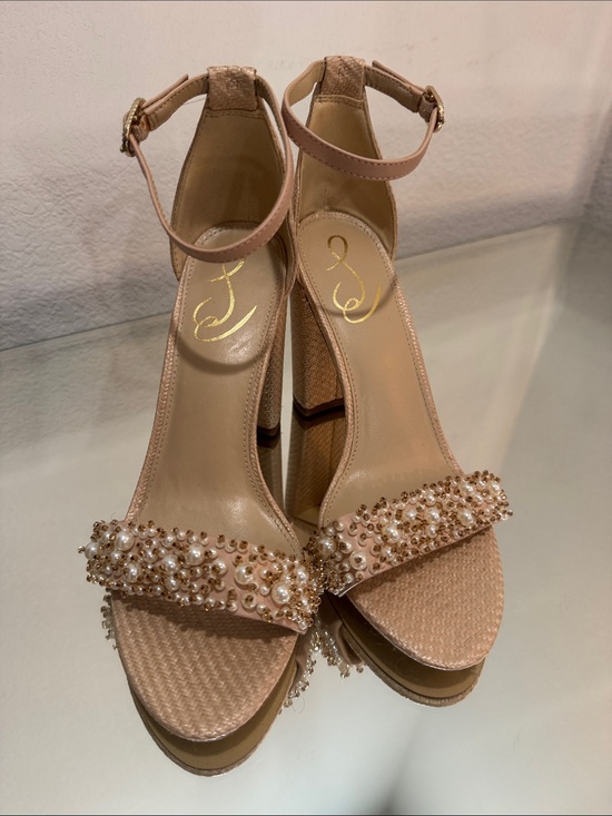 Sam Edelman Shoes - Sam Edelman Pearl-Embellished Ankle-Strap Block Heels in Blush